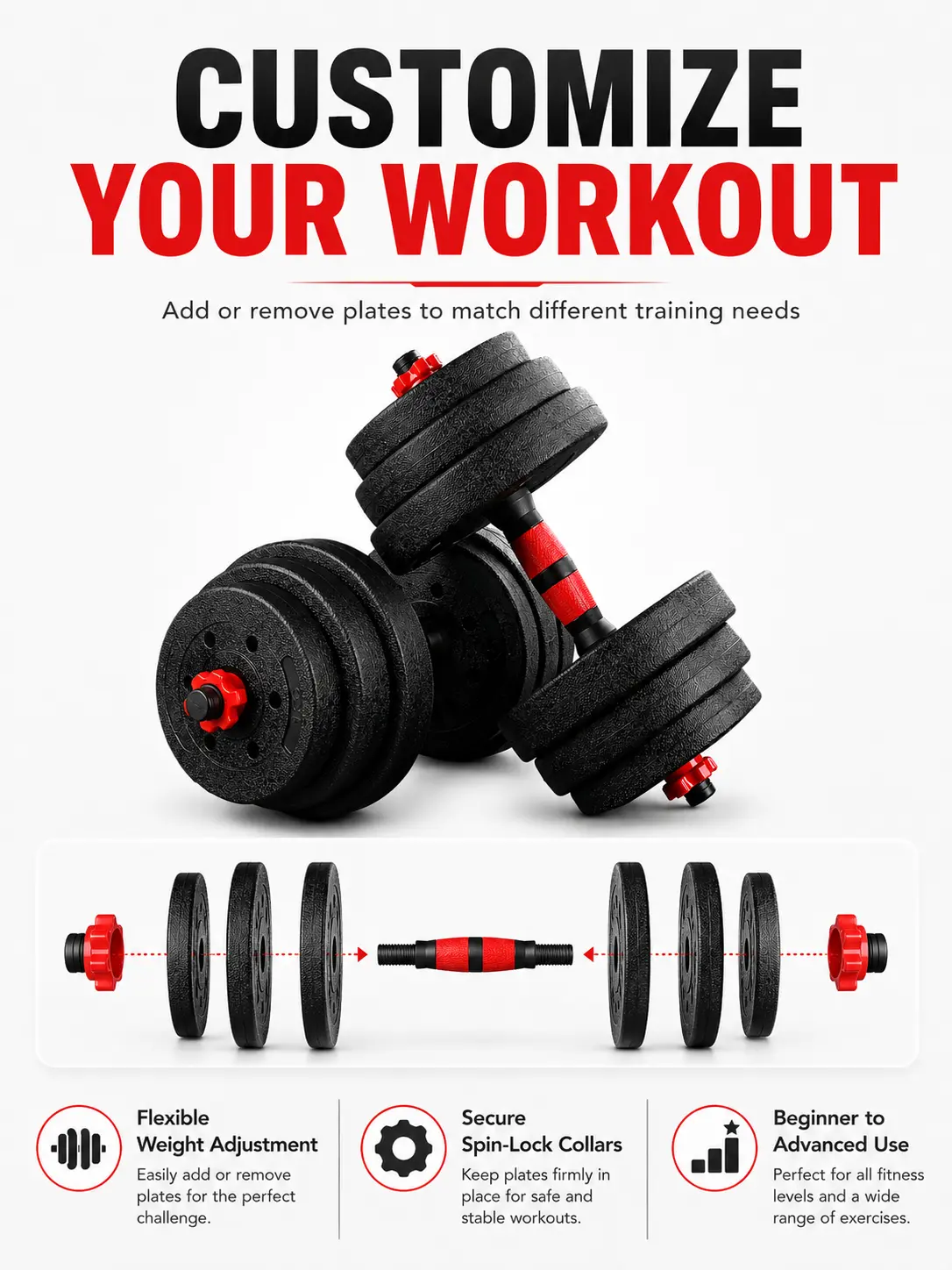 Adjustable Dumbbell Set for Home Gym, Free Weight Dumbbells with Spin-Lock Collars, Strength Training Weight Set for Full Body Workout, Fitness Equipment for Men and Women