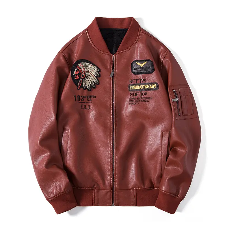 Men's Embroidered Bomber Fake Leather Jacket, Full Zipper Ribbed Cuffs with Multiple Military Patches Retro Motorcycle Rider Retro Pilot Street Coat