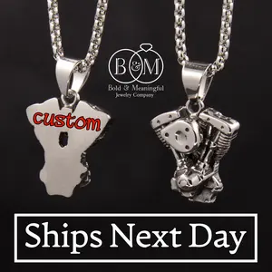 B&M Jewelry Personalized Harley V Twin Engine Custom Engraved Necklace Pendant