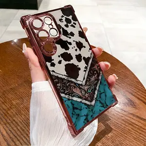 Cow Print & Turquoise Boho Pattern Phone Case Compatible with Samsung Galaxy S23 Ultra S24 Plus S26 S25 S22+ FE Edge Four Corners Air Cushion Anti-drop Silicone Shockproof Cellphone Cover