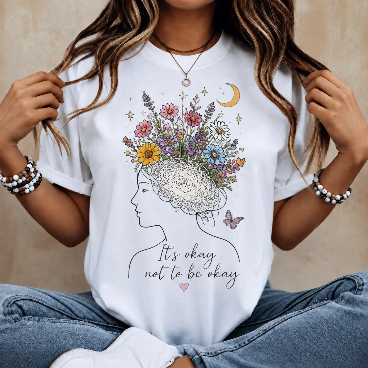 Women's 'It's Okay Not To Be Okay' T-Shirt, Casual Cotton Short Sleeve Top with Inspirational Wildflower Brain Graphic for Mental Health Awareness, Shortsleeve, Casual Cotton Top, Tee, Round Neck, Mental Health Graphic Women's T-Shirts, All Seasons, Anxie
