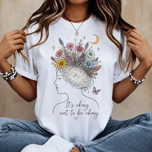 Mental Health Awareness Graphic Tee, It’s Okay Not To Be Okay Shirt, Wildflower Brain Self Care T-Shirt, Inspirational Anxiety Support Top for Women