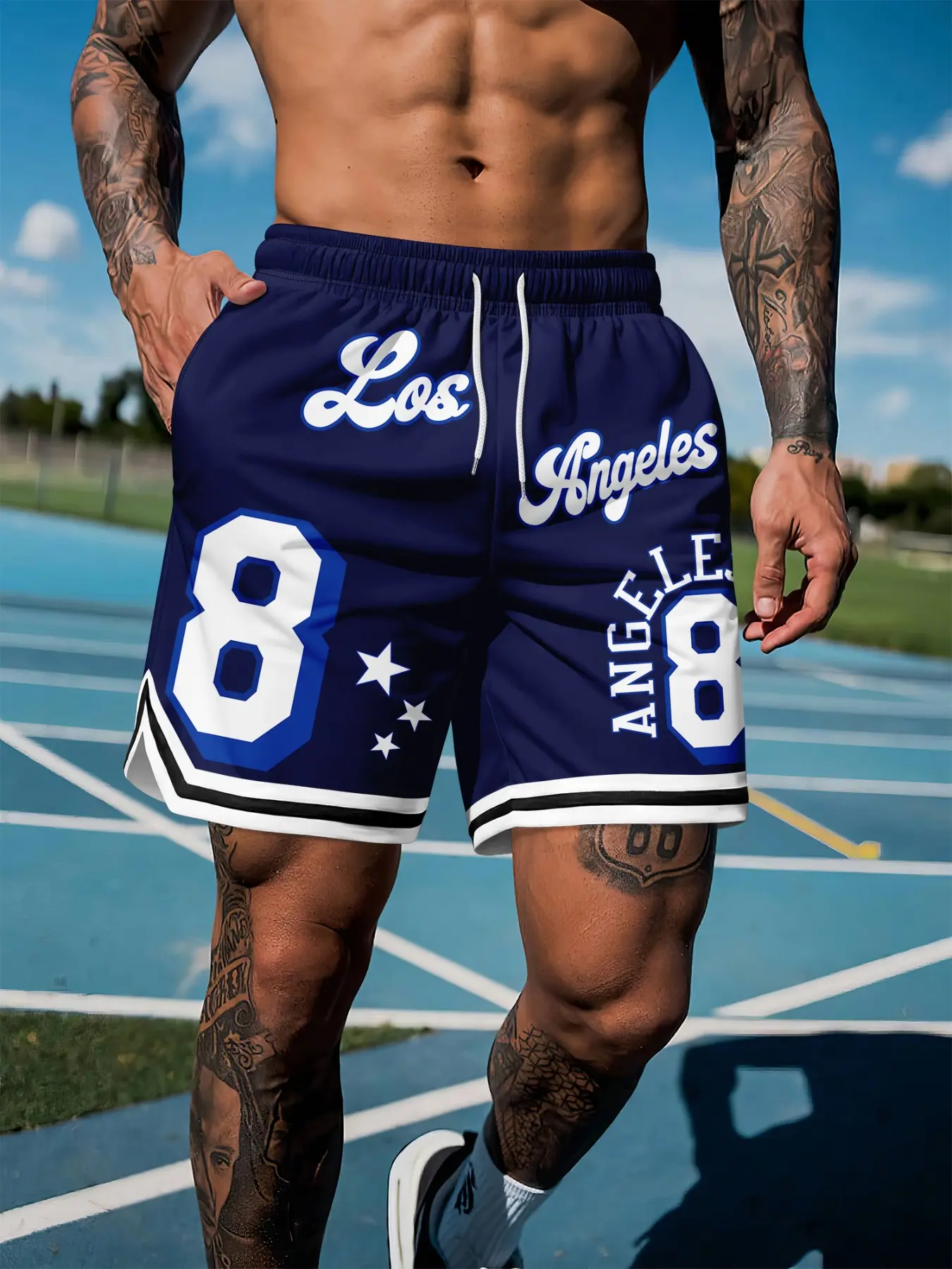Men's Blue Los Angeles 8 Graphic Basketball Shorts, Sporty Loose-Fit Drawstring Gym Workout Shorts, Casual All-Season Athletic Wear, Summer Athletic Shorts