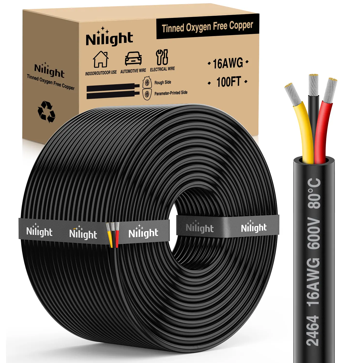 Nilight 100FT 16AWG 3-Conductor Electrical Wire - Tinned Oxygen-Free Copper, Red/Black/Yellow Parallel Wires, 600V DC Flexible PVC Extension Cord with Cable Tie for LED Strips, Lamps, Cable Management Solutions (Anti-Corrosion, Better Conductivity)