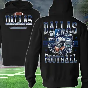 Vintage Dallas Football 2 Sided Hoodie, Texas Football Player Sweatshirt, Sports Apparel, Blue Helmet & Bow Pullover Classic T-shirt, Graphic Printed Streetwear Top, 100% Cotton, Gift For Fans