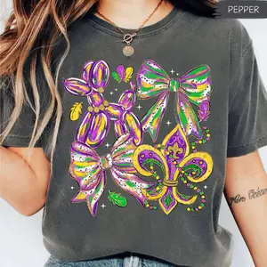 Comfort Colors Coquette Bow Mardi Gras King Cake Fleur De Lis Fat Tuesday Shirt, Preppy Bow Happy Mardi Gras 2026 Fleur De Lis Louisiana New Orleans Graphic Tee