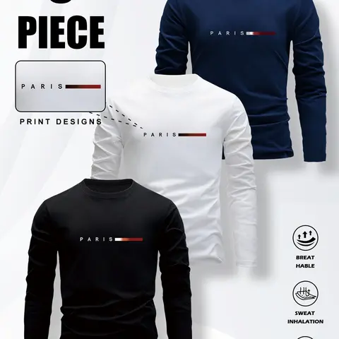 Men's 3-Piece Sports & Outdoor Wear Set - Long Sleeve Sports Top, Round Neck Daily Twill Letters Casual Fit T-Shirt, Suitable for Home & Dates