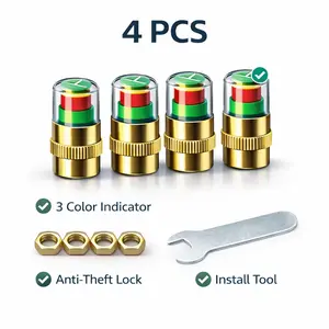 4PCS Tire Pressure Indicator Caps, 3 Color Tire Pressure Monitor Valve Caps with Anti-Theft Lock Nuts & Install Tool, Brass Copper Core for Car SUV Motorcycle Bike