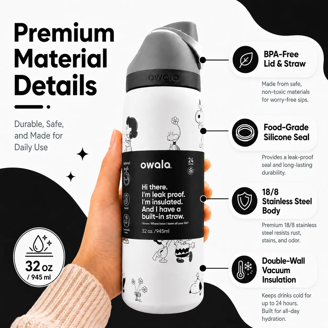 [FLASH-SALE] Owala FreeSip 32oz Cute Insulated Water Bottle, Leakproof Built-in Straw, BPA Free Stainless Steel Cup, 24H Cold 12H Hot Travel Gym Bottle, Pink Ribbon Insulated Water Bottle #Owala #BLACK