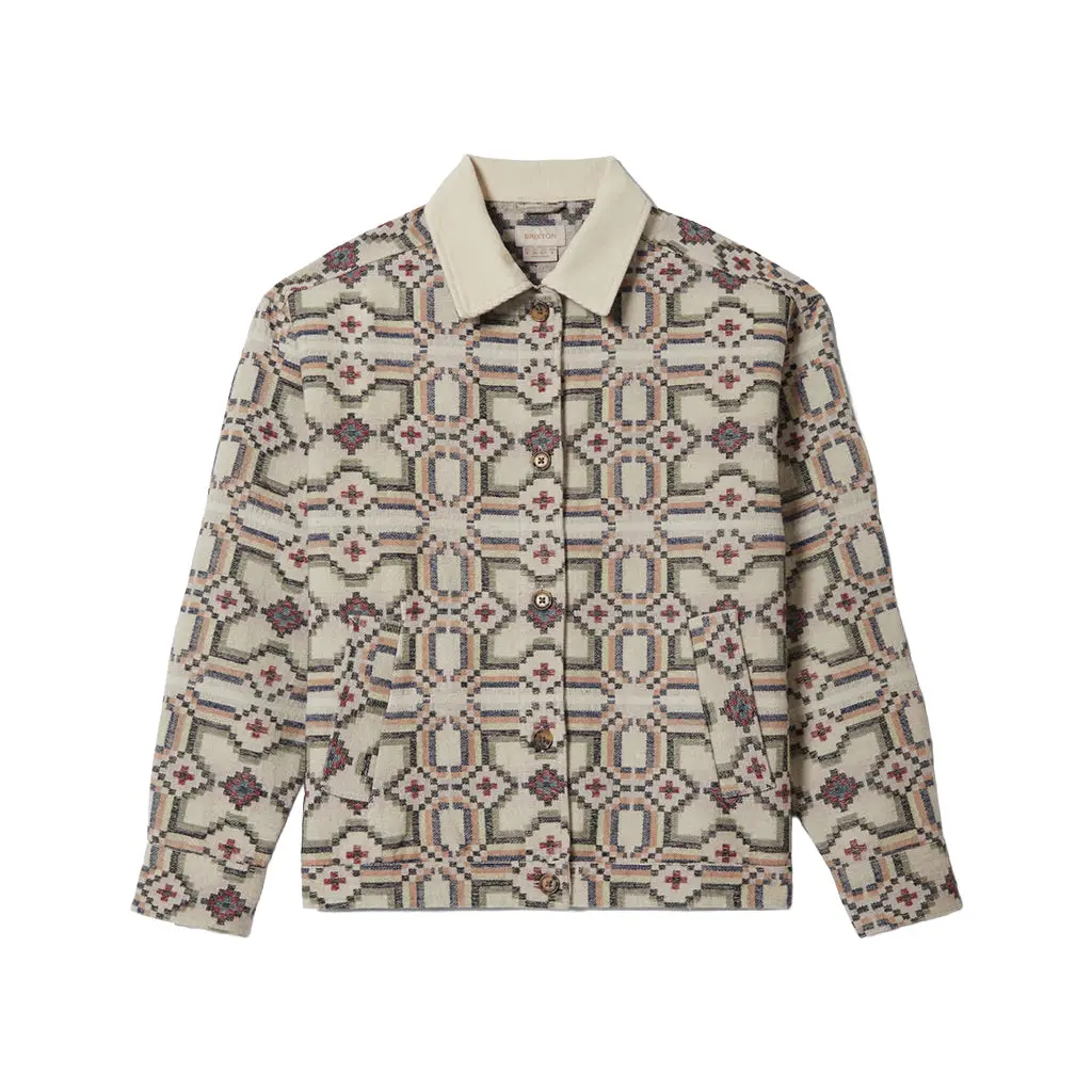 Brixton Women's The Alfama Collared Casual Cotton Corduroy Jacket - 25" HPS, Center Front Button Closure, Relaxed Fit, Digi Tile Floral Flannel Long Sleeve Top Coat for Cooler Evenings