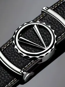 Business Style V Logo Automatic Buckle Belt, Alligator PU Stitching, 2 Colors Available, Suitable for Jeans, Suits, Daily Wear