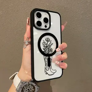 Trendy Magnetic Case for iPhone11/12/13/14/15/16/17/promax Cowboy Boots Flowers MagSafe Ready, Ultra Thin & Shockproof | Cute Pick for Girls