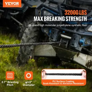 VEVOR Synthetic Winch Rope, 1/2 Inchx 92 Feet 32, 000 lbs Synthetic Winch Line Cable Rope with Protective Sleeve+ Forged Winch Hook+ Pull Strap, Universal Fit for SUV, Large Off-Road Vehicle, Truck