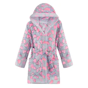 BIG ELEPHANT Kids Hooded Robe, Fleece Bathrobe for Girls and Boys with Two Side Pockets, Flannel Sleepwear Warm Printed Bath Robe for Christmas Gifts, Suitable for Ages 6 to 16