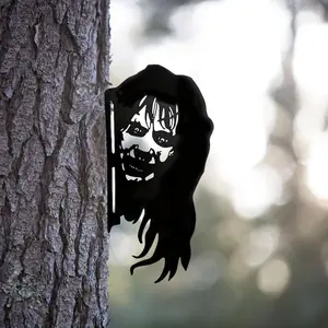 Black Metal Peeping Witch Wall Art, Spooky Iron Craft for Halloween Home and Outdoor Patio Decor, Garden Decoration Supplies, Garden Sculptures Statues, Exterior Decorative Statues