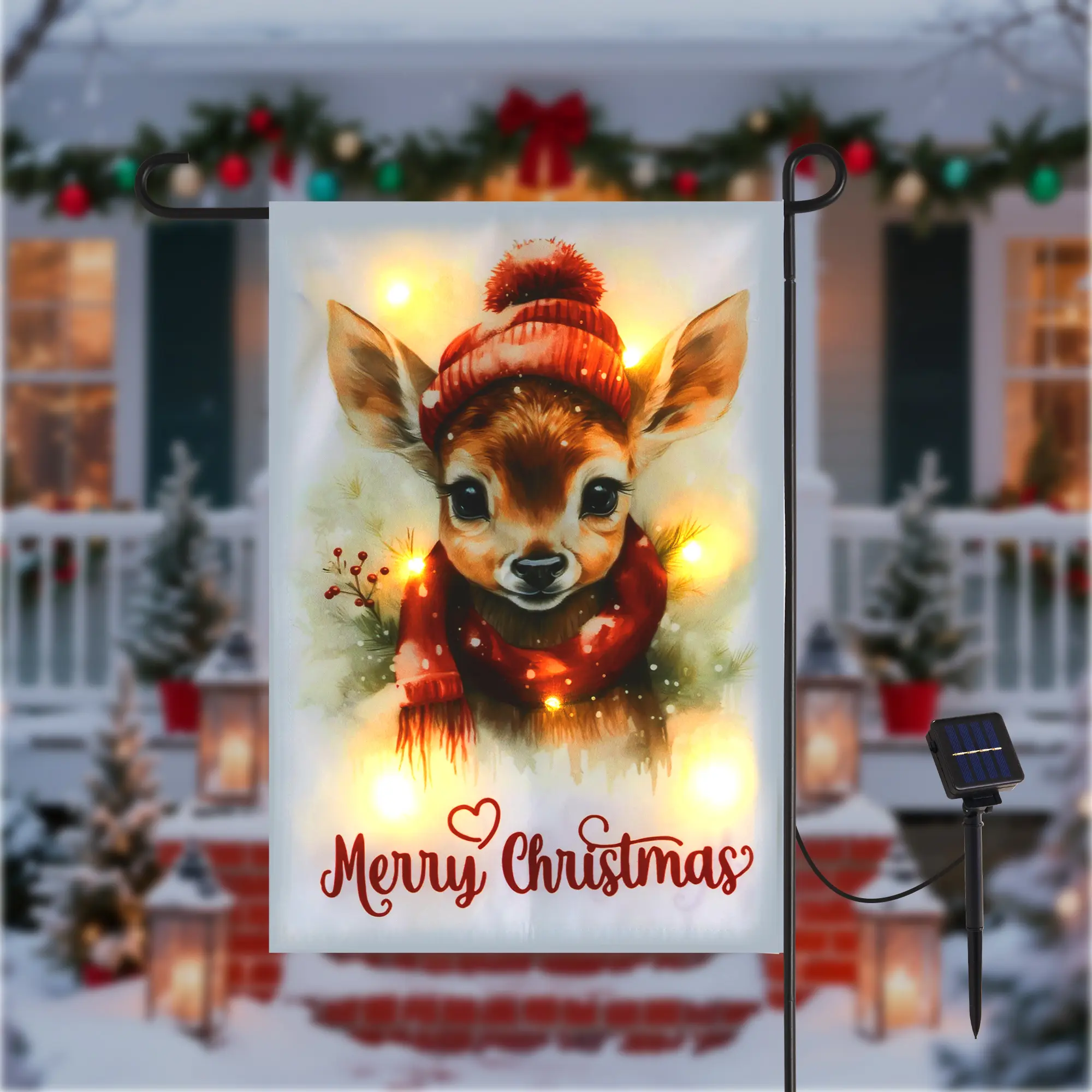 RoyalCraft Christmas Garden Flag with Lights for Outdoor, 12x18 Double Sided, Led Solar Lighted Holiday Decoration , Winter Yard Flags for Outside Lawn Porch Decor