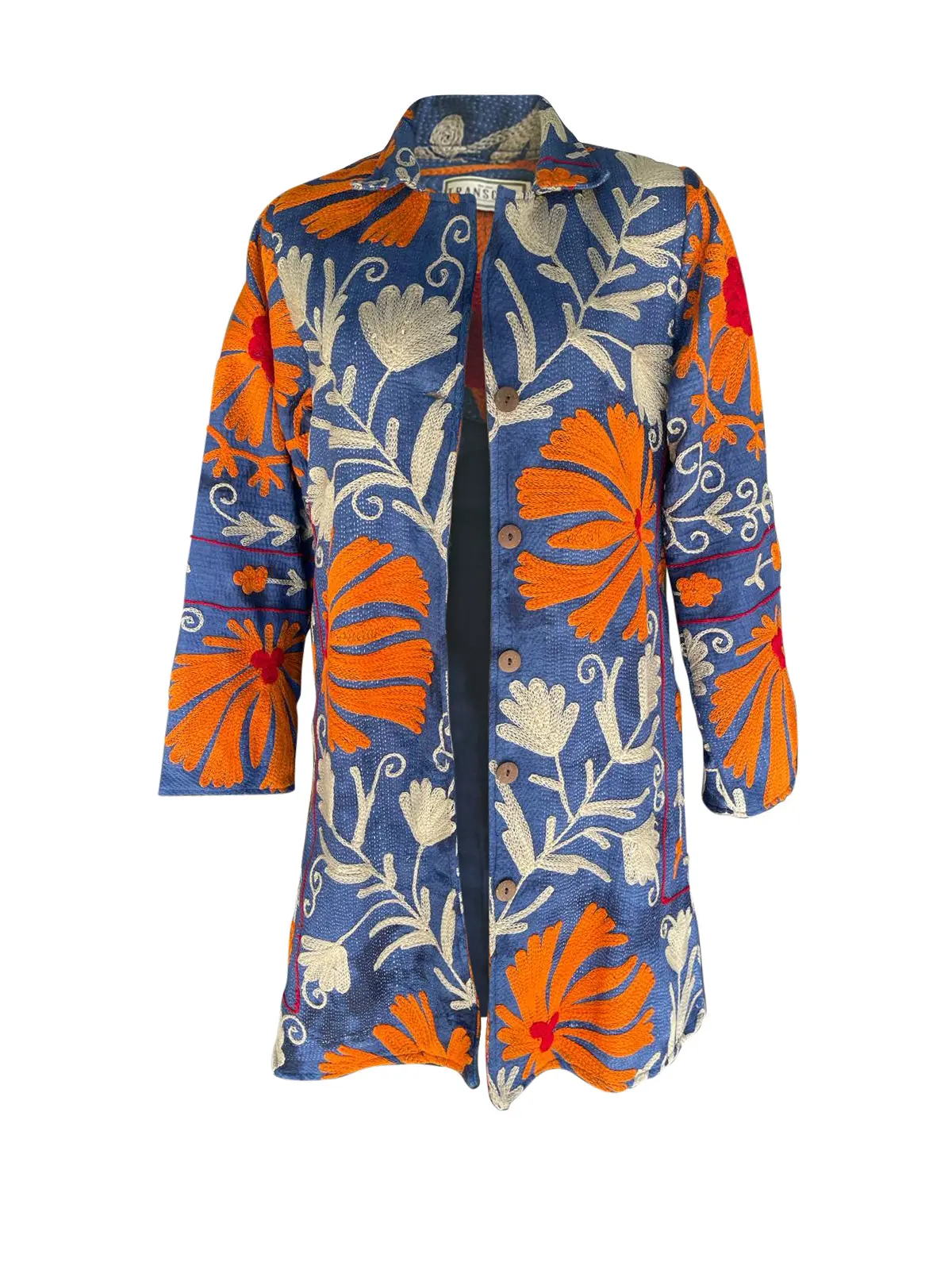 MAYA COAT - Vintage Kantha With Suzani Embroidery NAVY & ORANGE- MEDIUM coat fall
