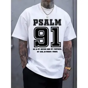 Men's Psalm 91 Religious Graphic T-Shirt - Short-Sleeve Round Neck, Soft Cotton Fabric, Regular Fit, Black/White Inspirational Bible Verse Print, Machine Washable Sports Summer Casual Menswear