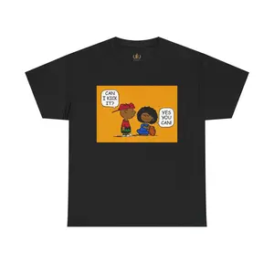 Can I Kick It Melanin Cartoon T-Shirt Motivational Men's Tee with Fun Design Casual Cotton Shirt Gift for Friends Summer Vibes Positive Affirmation T-Shirt Classic Fit Elastic Ribbed Collar Soft Smooth Fabric, Relaxed Fit, Shortsleeve