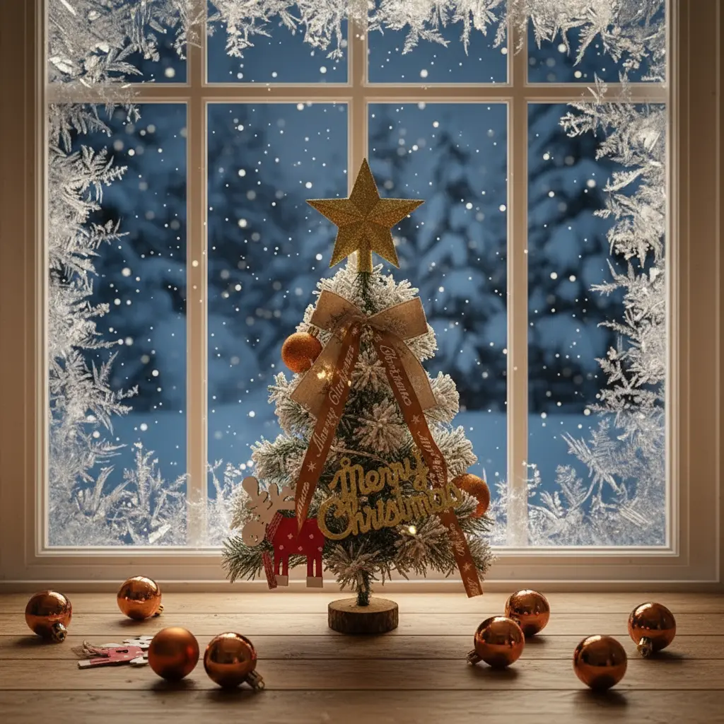 21inch Wood Mini Christmas Tree Set with Twinkly Lights, Golden Star, Reindeer Print Ornaments, Tree Shape Design - Festive Home Party Decoration for Desktop, Small Spaces, 6 Bronze Glitter Balls