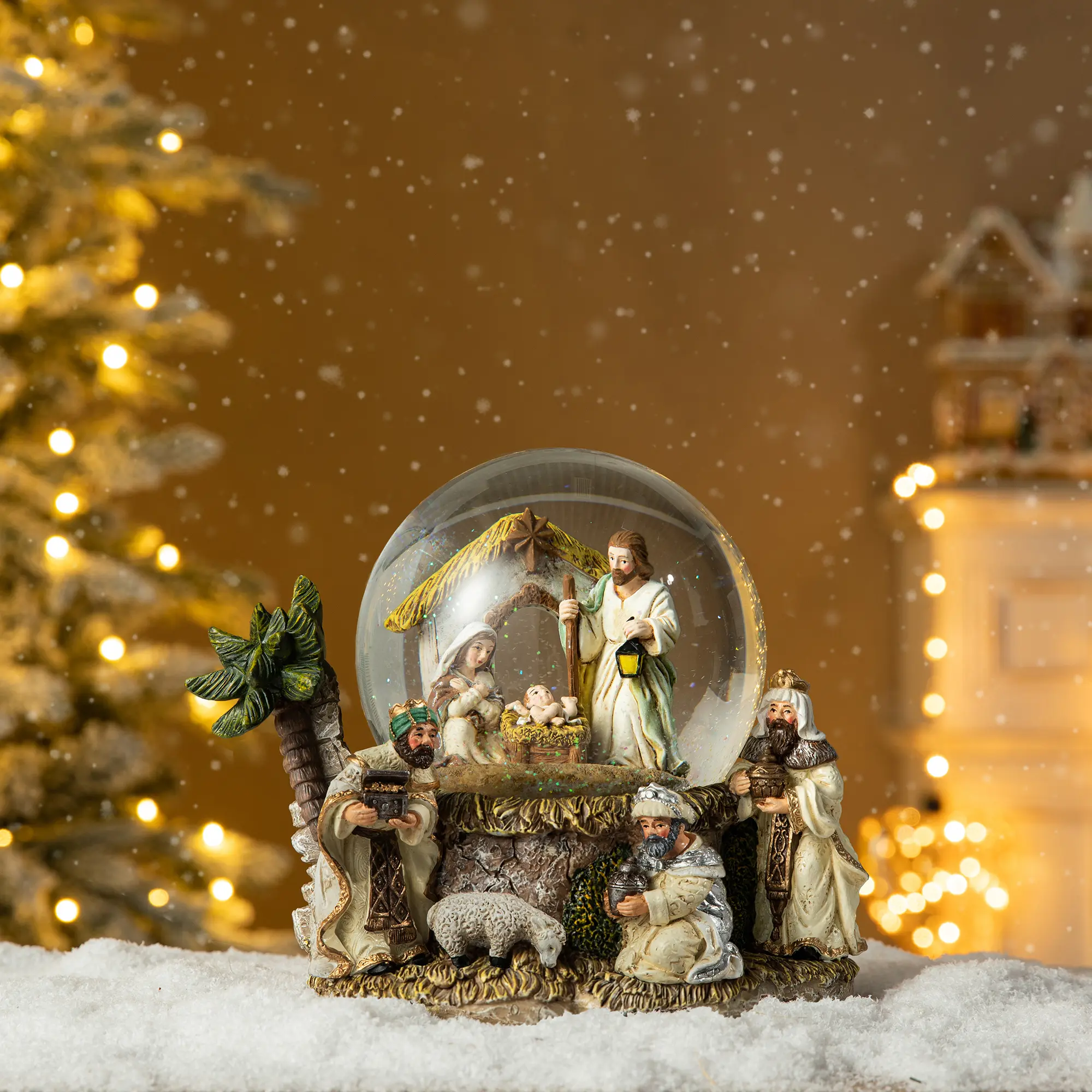 【Christmas in July】 Glitzhome 150mm Christmas Oversized Resin Lighted Musical Snowflakes Nativity Scene Waterglobe