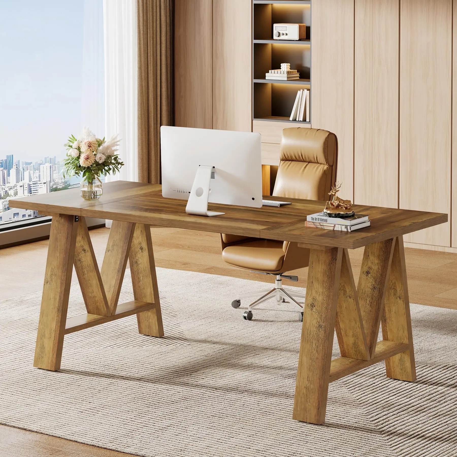 Tribesigns Executive 63-Inch Desk, Brown Farmhouse Wooden Office Table With Sturdy Legs for Home Workspace