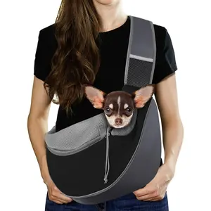 Pet Sling Carrier for Small Dogs & Cats – Hands-Free Puppy Carrier with Safety Hook, Large Zipper Pocket, Soft Breathable Mesh, Adjustable Strap，Crossbody Satchel Dog Pocket for Outdoor