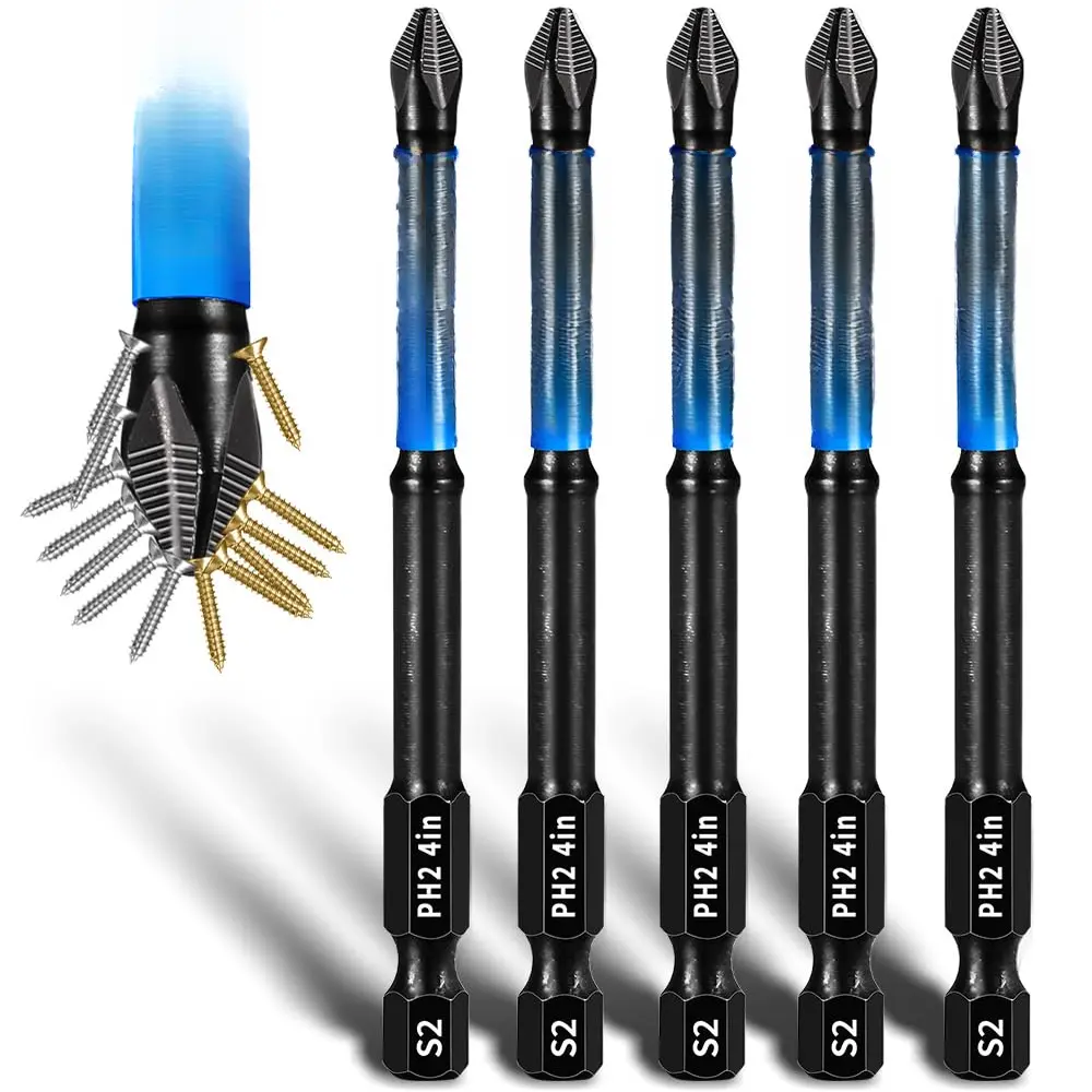 5-Pack Long  Bits 4 inch, 2 Phillips Bits Professional CNC Anti-Slip, Phillips Impact Driver Bits #2 with Magnetic Bits, Phillips Head Drill Bits S2 Alloy Steel, Long Phillips Bit, Ph2 Bits