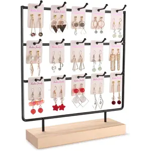Earring Display Stand for Selling, Wood Earring Rack Tower Display Holder Stand (3 Tier,15 Hooks, Black)