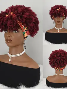 Burgundy Curly Wig with African Print Headwrap, Synthetic Hair, Easy Wear Turban Style, Medium Length, All Seasons