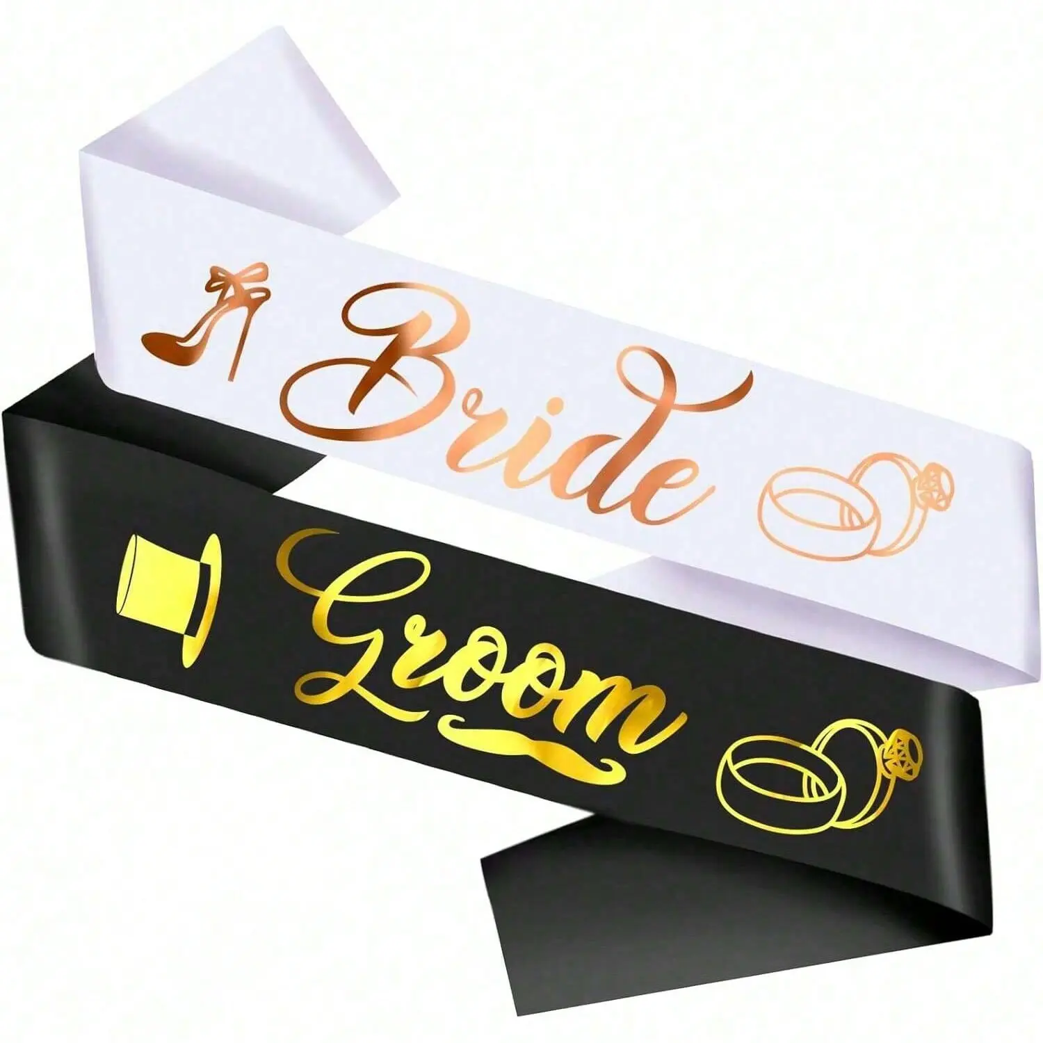 2 Pieces Gold Foil Bride and Groom Sash Set, Pre-wedding Couple Party Decor Sashes, Black Gold Multi Style Wedding Accessories, Wedding Party Supplies, Decor Gifts for Bridal Shower, Wedding, Engagement and Bachelorette Party