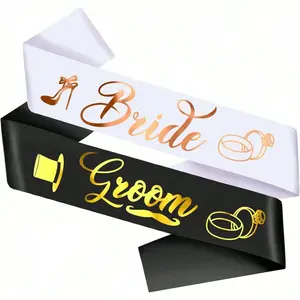 2 Pieces Gold Foil Bride and Groom Sash Set, Pre-wedding Couple Party Decor Sashes, Black Gold Multi Style Wedding Accessories, Great Decor Gifts for Bridal Shower, Wedding,  Engagement and Bachelorette Party