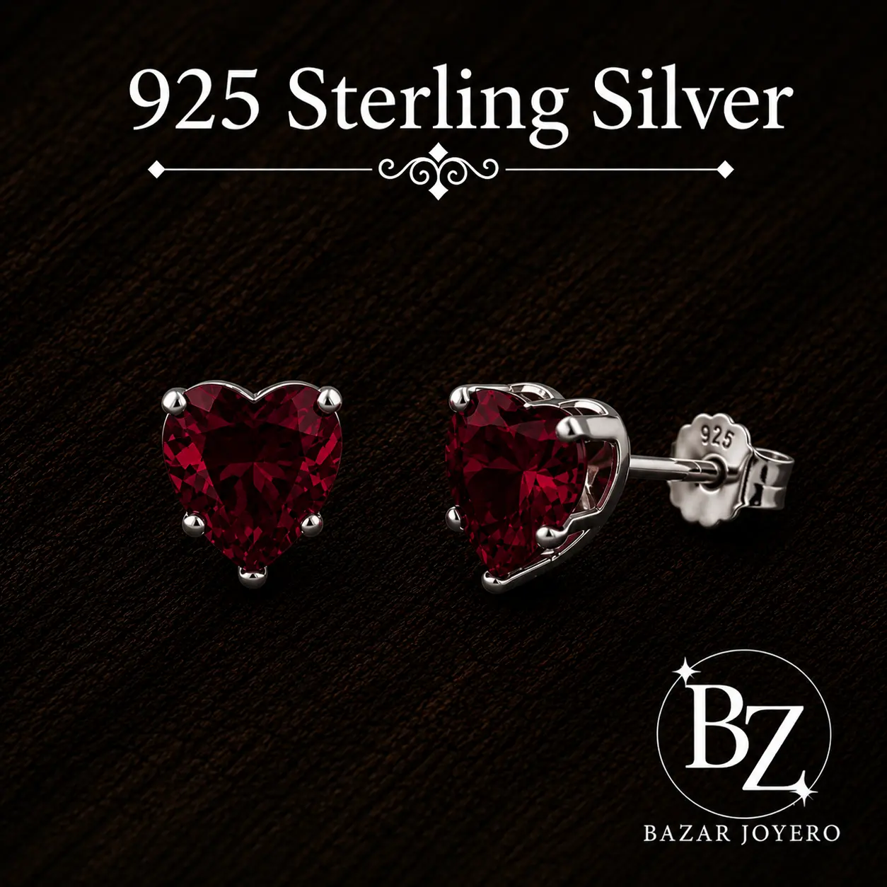 925 Sterling Silver Ruby Red Heart Cubic Zirconia Stud Earrings