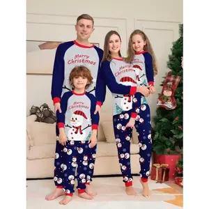 Family Christmas Pajamas Set for Men Women Kids, Blue Cartoon Santa Hat Scarf Snowman Print Shirt Pants, Holiday Sleepwear