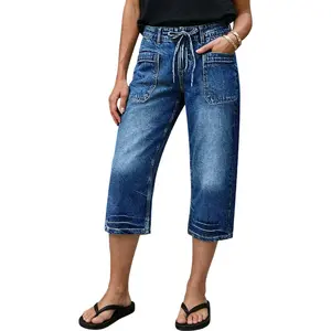 Flamingals Wash Patch Pocket Drawstring Mid Rise Capri Straight Leg Jeans Womenswear Stretchy