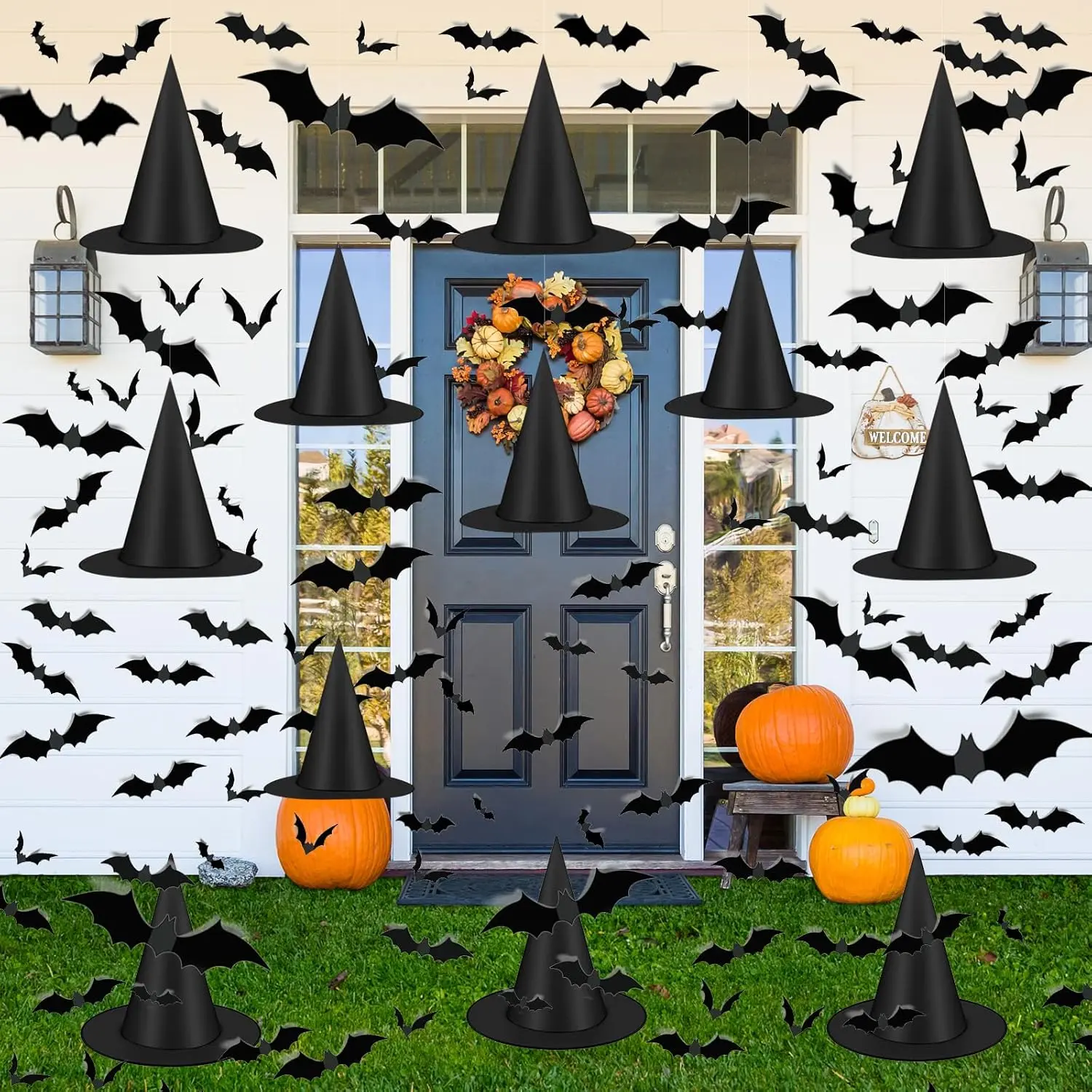 12 count Halloween Black  Hat with 157 FT Nylon Cord &120pcs Bat Sticker for Indoor Outdoor  Yard Porch Ceiling Halloween Party Decorations