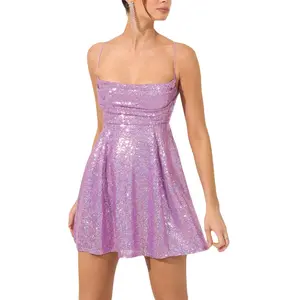 Women´s Summer Mini Sling Dress Sleeveless Backless Cross Tie Up Sequins Spaghetti Strap Dress