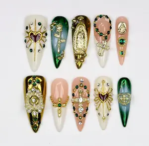 Elegant Virgin Mary Long Stiletto Press On Nails Custom Design Handpainted Luxury Nails Satamiis