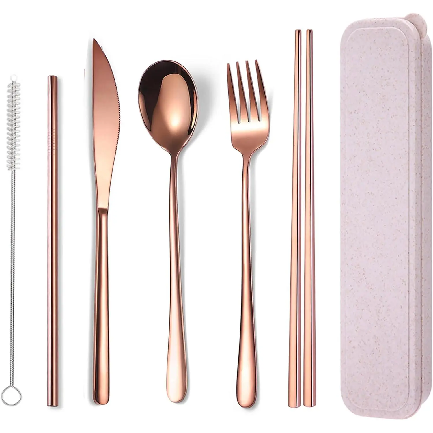 6 count 18/8 Stainless Steel Flatware Set Portable Reusable Cutlery Set Travel Utensils Set Including Chopsticks   Straws Cleaning Brush Dishwasher Safe (Rose Gold)