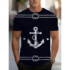 Menswear Polyester Nautical Anchor T-Shirt - Rope & Hearts, Minimalist Navy Blue 3D Graphic Print, Stylish Casual Short-Sleeve Round Neck Tee for Summer