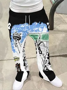 New York City themed casual pants, Casual trousers, Y2K retro Geometric color block splicing casual pants, men's retro printed flared pants, all season version, black and blue background, New York landmark elements printed street art texture