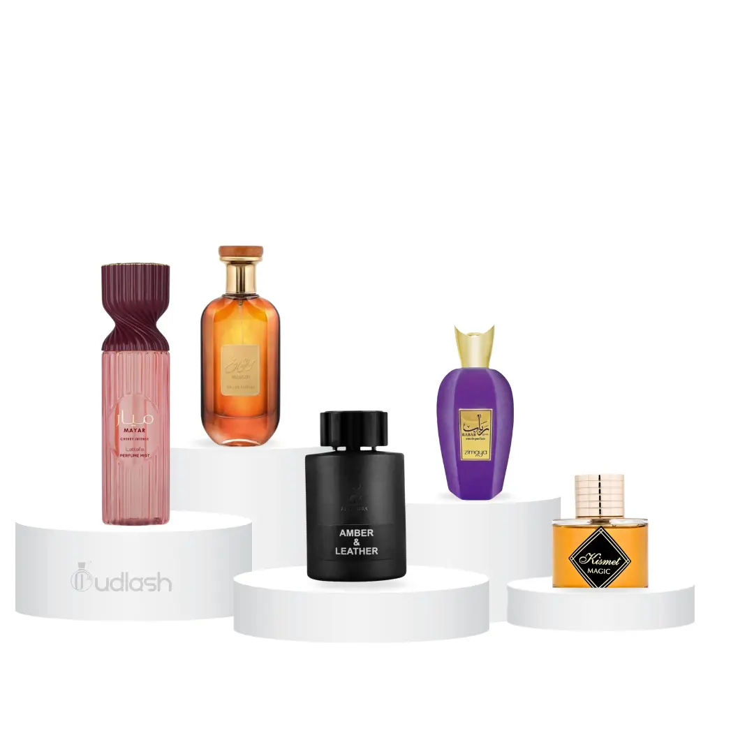Oudlash Bundle | Lattafa Mayar Cherry Mist + Ard Al Zaafaran Mousuf + Maison Alhambra Kismet Magic + Afnan Rabab Gems + Maison Alhambra Amber & Leather | Unisex Fragrance | 100 ML - 3.4 OZ | Eau De Parfum | Cherry - Bitter Almond & Blackcurrant