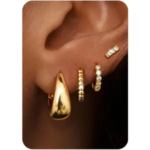 YADOCA 4Pairs Small Chunky Gold Hoop Earrings for Women - Gold Silver Hoop Earrings Stacks Non Tarnish 14K Plated Gold Flat Back Stud Huggie Hoop Earring Sets for Multiple Piercing Hypoallergenic