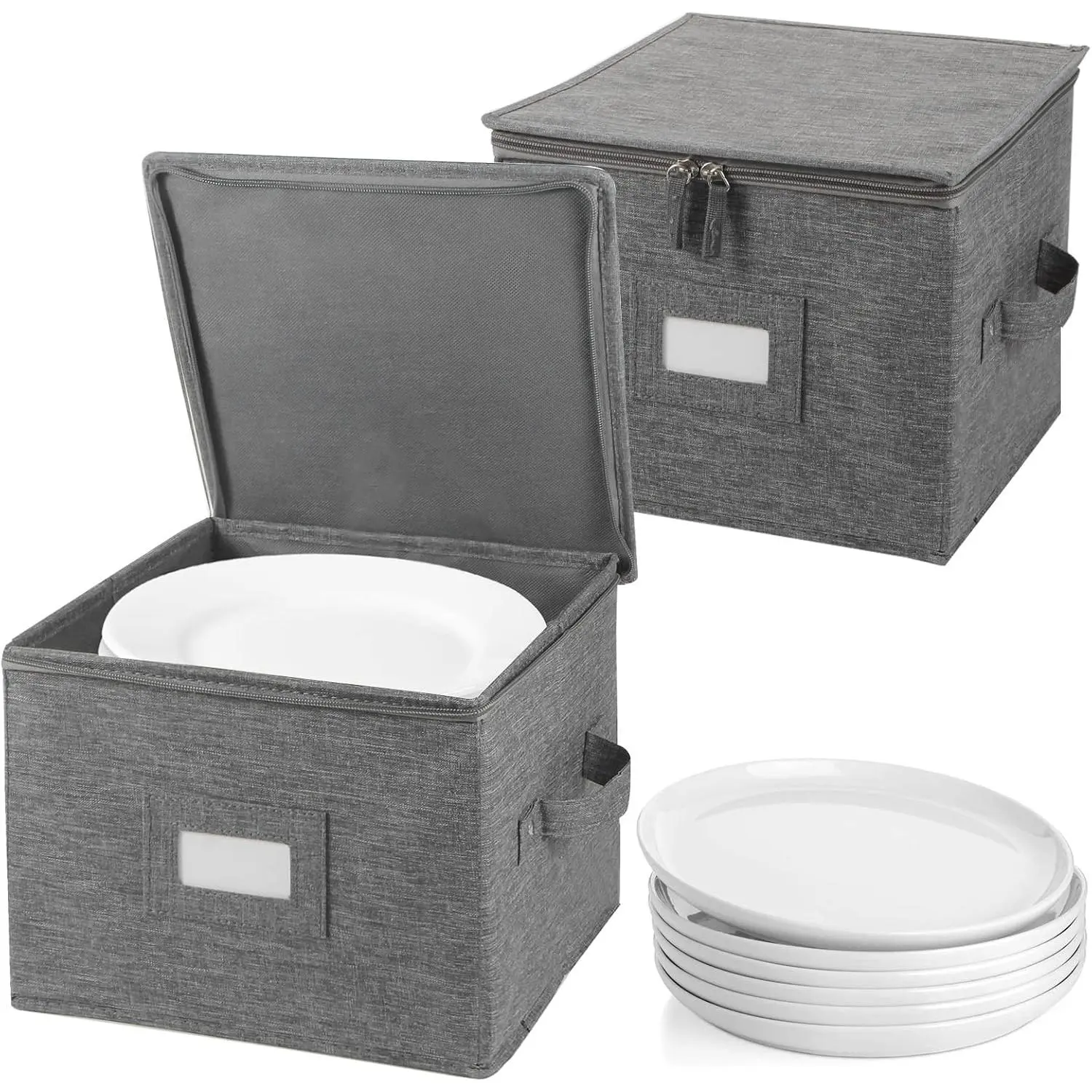 Storage Containers Hard Shell Inside 10" W x 8" H, Salad Plate Storage Containers for Dishes, Dinnerware with 24 Felt Dividers, Hold 24 Plates, Foldable and Stackable (2 Pack Grey)