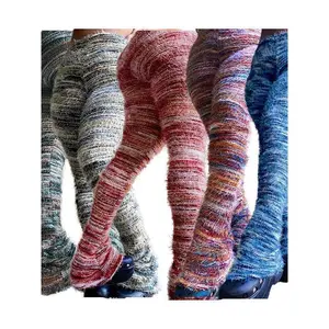 Women's minimalist striped printed flared leg fuzzy sweater pants, casual wear, fashionable street style comfortable knitted flared pants, women's basic knitwear, women's pants, women's clothing, autumn clothing Christmas blue women's clothing