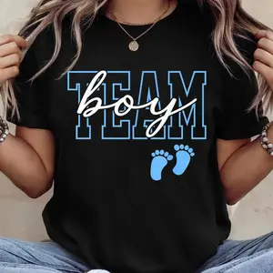 Camiseta de fiesta de revelación de género en equipo - Anuncio con baby showers, atuendos para revelación de género, camiseta casual de cuello redondo con letras y aplique, atuendo familiar a juego para eventos de anuncio de embarazo