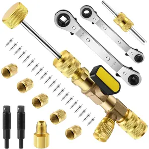 Valve Core Removal Tool HVAC, 2 HVAC Service Wrench 3/16", 5/16", 1/4", 3/8", 20 Pcs Valve Cores with Seal, 5 Brass Nuts And 1 Valve Core Rod Compatible with R410a R32 R22 R12 R407 R404 R600