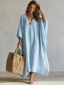 2026 New Beach Vacation Style Loose Fit V Neck 3D Print Midi Dress, Boho Beach Cover Up, Elegant Simple Casual Kaftan Long Sleeve