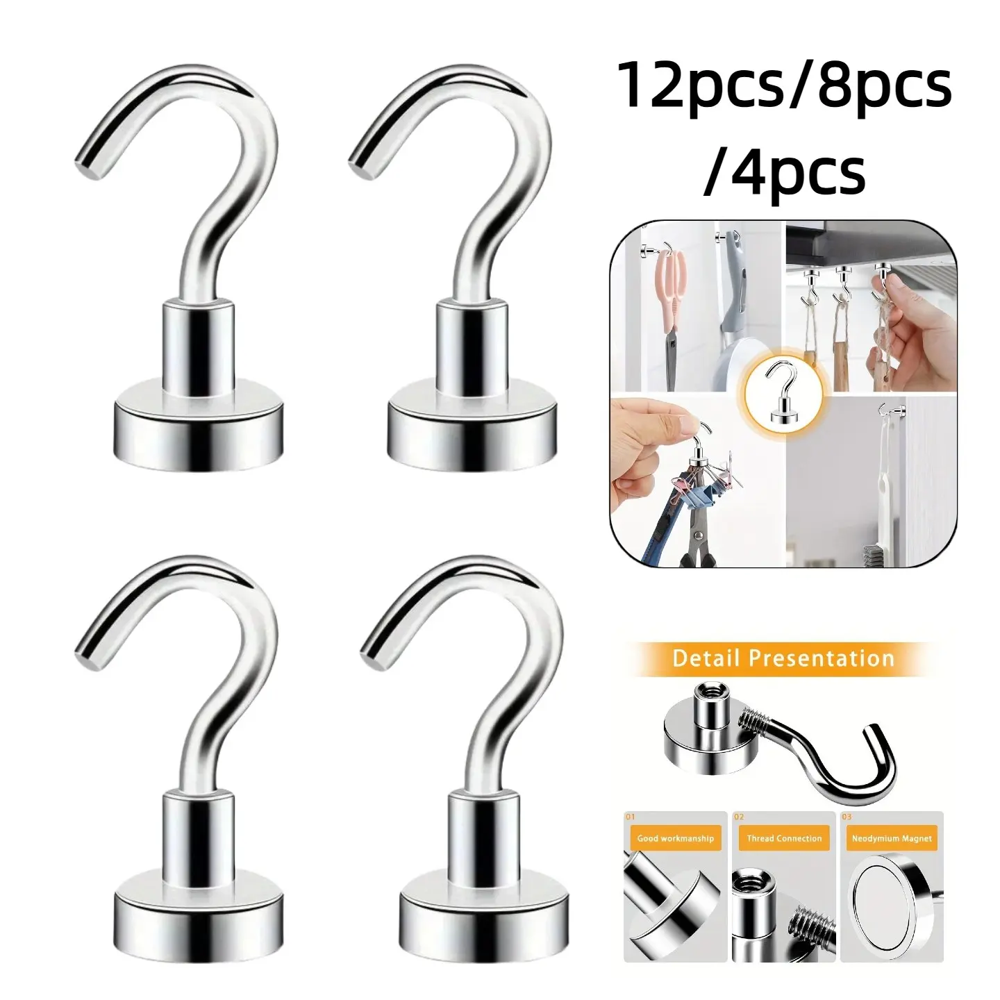 12/8/4pcs Neodymium Magnet Hooks, Magnetic Hooks, Heavy Duty Metal Round, U Shaped Hook, Home Kitchen Fridge Office Cruise Item Storage, Durable and Easy to Use