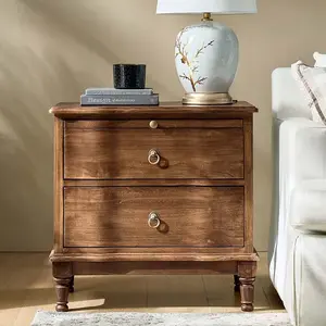 HULALA HOME Solid Wood End Table with Drawers and Charging Station, 2 Drawer Nightstand with Pull-Out Shelf, HULALA HOME Wooden Side Table with USB Ports for Living Room Bedroom Sofa Accent Table